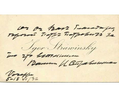 STRAVINSKY IGOR: (1882-1971) Russian composer and conductor. A.L.S., I Stravinsky, in Cyrillic, to the recto of his personal 