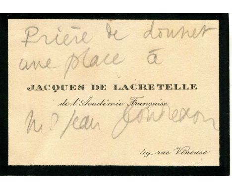 LACRETELLE JACQUES DE: (1888-1985) French novelist. The personal printed oblong 12mo black bordered Visiting Card of Lacretel