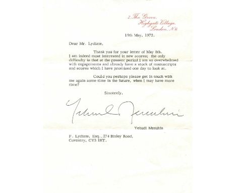 MENUHIN YEHUDI: (1916-1999) American-born British violinist and conductor. T.L.S., Yehudi Menuhin, one page, 4to, Highgate Vi