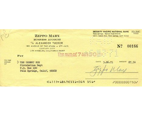 MARX ZEPPO: (1901-1979) American comedy actor, one of the Marx Brothers. D.S., Zeppo Marx, being a signed cheque, Los Angeles