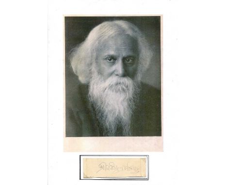 TAGORE RABINDRANATH: (1861-1941) Indian Poet, Nobel Prize winner for Literature, 1913. Signed oblong 1.5 x 4 card piece (3 cm