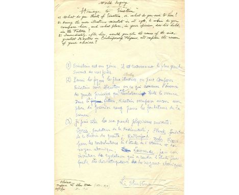 LI SHU-HUA: (1890-1979) Chinese biophysicist. Manuscript D.S., Li Shu Hua, one page, 4to, n.p., 20th November 1952, in French