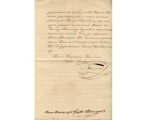 NICHOLAS I: (1796-1855) Emperor of Russia 1825-55. L.S., Nicolas, a good and bold signature example, three pages, folio, Sain