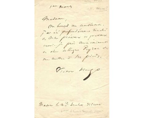 HUGO VICTOR: (1802-1885) French Poet & Novelist of the Romantic Movement. A.L.S., Victor Hugo, a very bold ink signature, one