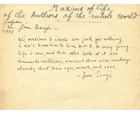 TSUJI JUN: (1884-1944) Japanese author, poet, essayist and playwright. Autograph statement signed, Jun Tsuji, one page, oblon
