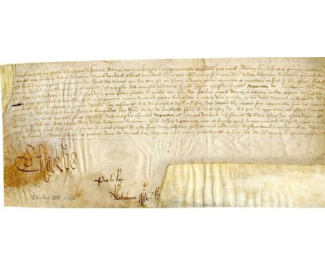 CHARLES VIII: (1470-1498) King of France 1483-98. A rare D.S., Charles, one page (vellum), oblong folio, Lyon, 1st March 1496