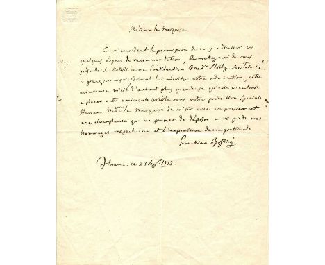 ROSSINI GIOACHINO: (1792-1868) Italian composer. A.L.S., Gioachino Rossini, one page, 4to, Florence, 23rd September 1853, to 