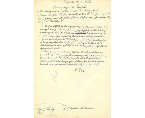LEVY PAUL: (1886-1971) French mathematician, active in probability theory. Manuscript D.S., P. Levy, one page, 4to, n.p., 2nd