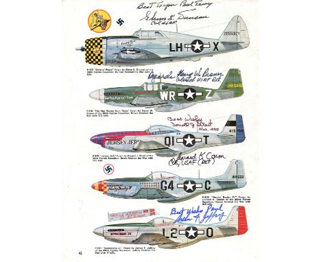 FLYING ACES: A multiple signed colour 8 x 11 magazine page by five American flying aces of World War II individually, compris