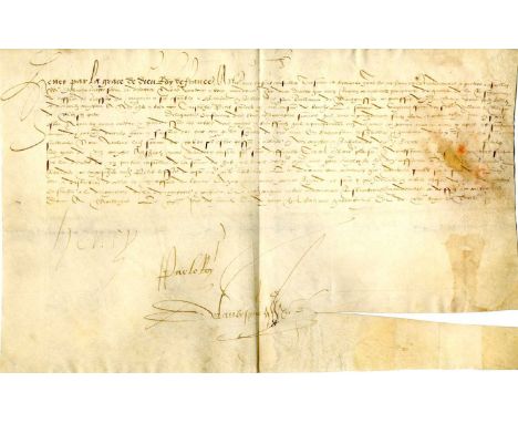 HENRY II: (1519-1559) King of France 1547-59. D.S., Henry, one page (vellum), oblong folio, Montargis, 20th February 1549, in