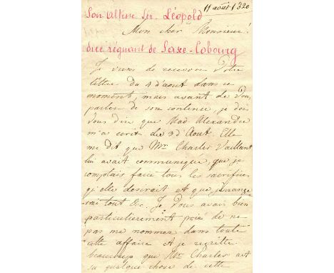 LEOPOLD I: (1790-1865) King of the Belgians 1831-65. An extraordinary A.L.S., with his initial L, three pages, 8vo, n.p., 11t