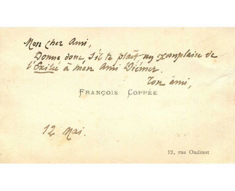 COPPEE FRANCOIS: (1842-1908) French poet and novelist. A.N., unsigned, to the recto of his personal printed oblong 12mo Visit