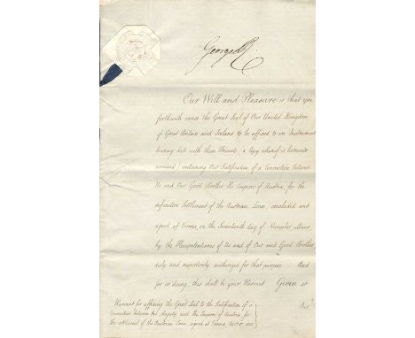 GEORGE IV: (1762-1830) King of the United Kingdom 1820-30. A very fine D.S., George R, as King, at the head, two pages, folio