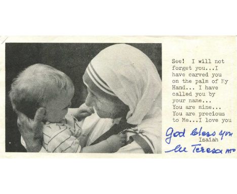 TERESA MOTHER: (1910-1997) Albanian Roman Catholic Nun, Nobel Peace Prize winner, 1979. A signed printed oblong 12mo (6 x 3) 