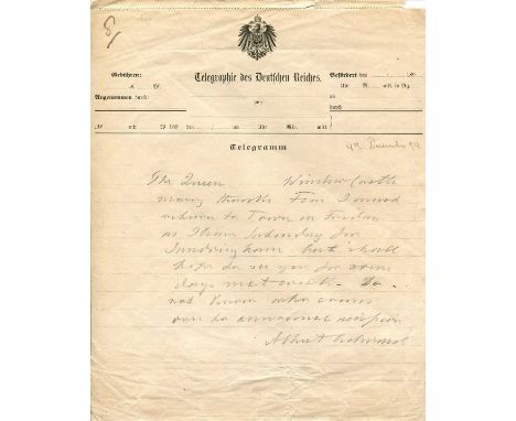 EDWARD VII: (1841-1910) King of the United Kingdom 1901-10. Autograph telegram signed, Albert Edward, as Prince of Wales, one