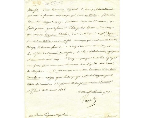 NAPOLEON I: (1769-1821) Emperor of France 1804-14, 1815. A very fine L.S., `Napol´, one page, 4to, gilt edges paper, Saint Cl