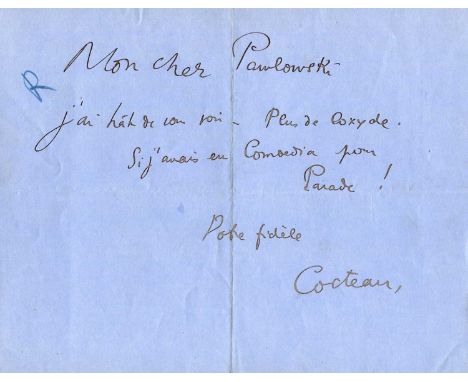 COCTEAU JEAN: (1889-1963) French poet, playwright, novelist, artist, filmmaker and critic. A.L.S., Cocteau, one page, oblong 