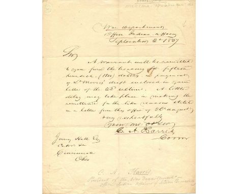 [AMERICANA]: An A.L.S., C. A. Harris, by Carey Harris, Commissioner of Indian Affairs 1836-38, one page, 4to, War Department,