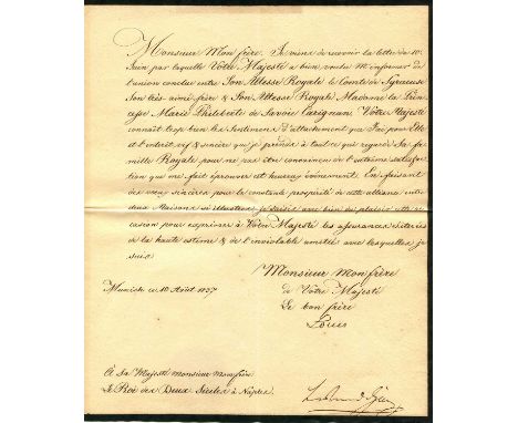 LUDWIG I: (1786-1868) King of Bavaria 1825-48. L.S., Louis, one page, 4to, Munich, 10th August 1837, to the King of the Two S
