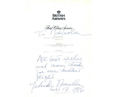 MENUHIN YEHUDI: (1916-1999) American-born violinist and conductor. A printed 4to British Airways first class service menu for