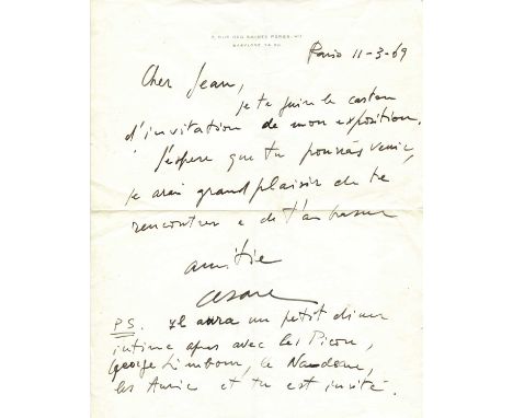 CESAR: (1921-1998) Cesar Baldaccini. French sculptor associated with the Nouveau Realisme movement. A.L.S., Cesare, one page,