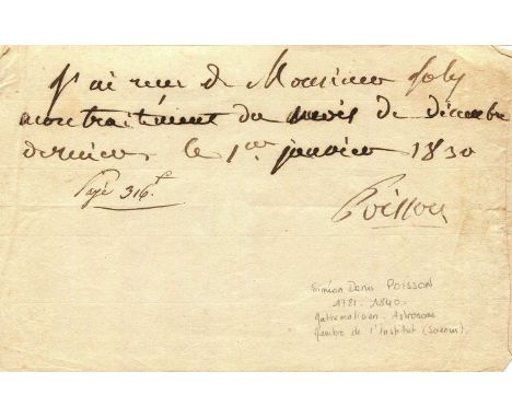 POISSON SIMEON DENIS: (1781-1840) French mathematician and physicist. Manuscript D.S., Poisson, one page, oblong 8vo, n.p., n