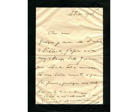 DUKAS PAUL: (1865-1935) French composer. A.L.S., Paul Dukas, one page, 8vo, n.p., 18th February 1916, to a friend, on black b