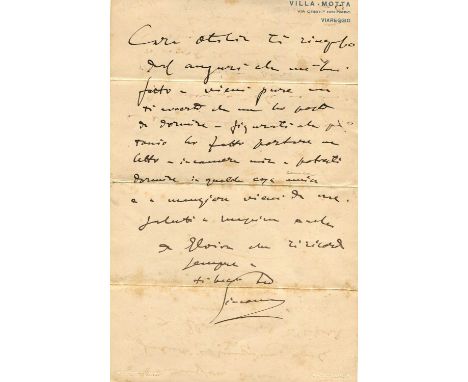 PUCCINI GIACOMO: (1858-1924) Italian composer. A.L.S., Giacomo, one page (folding letter stationery), 8vo, Villa Motta, Viare