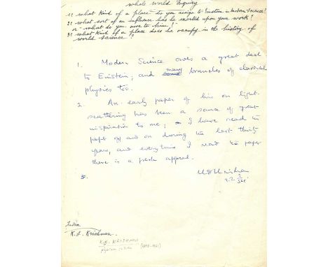 KRISHNAN K. S.: (1898-1961) Indian physicist, a co-discoverer of Raman scattering. Manuscript D.S., K S Krishnan, one page, 4
