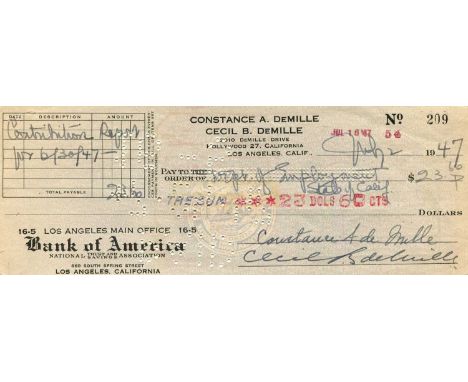 DEMILLE CECIL B.: (1881-1959) American film director, Academy Award winner. D.S., Cecil B DeMille, being a signed cheque, Hol