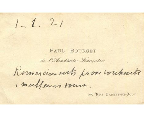 BOURGET PAUL: (1852-1935) French poet, novelist and critic. The personal printed oblong 12mo Visiting Card of Bourget, unsign