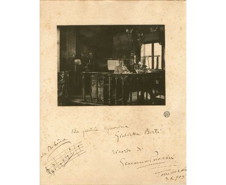 PUCCINI GIACOMO: (1858-1924) Italian composer. A good, large vintage signed and inscribed 13 x 15 photograph, incorporating a