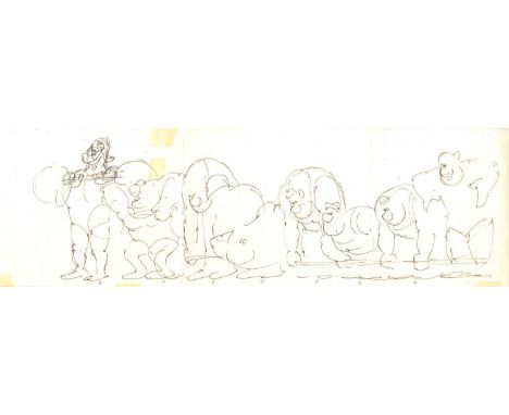 THE TWELVE TASKS OF ASTERIX: An original brown ink concept drawing by animator Harold Whitaker, unsigned, on a 15 x 5 sheet o