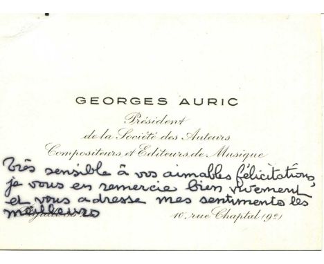 AURIC GEORGES: (1899-1983) French composer, one of Les Six. A.N.S., Georges Auric, to one side of the personal printed oblong