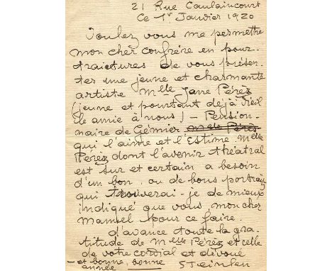 STEINLEN THEOPHILE: (1859-1923) Swiss-born French Art Nouveau painter and printmaker. A.L.S., Steinlen, one page, 8vo, Rue Ca