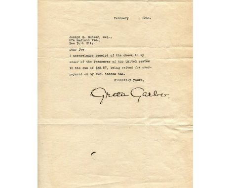 GARBO GRETA: (1905-1990) Swedish-American actress, the recipient of an Honorary Academy Award. A rare T.L.S., Greta Garbo (a 
