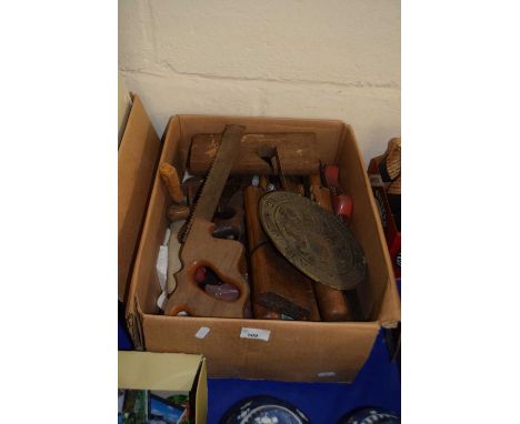 Box containing a quantity of woodworking tools, chisels etc some vintage