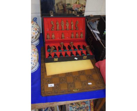 A chess set with plastic chess pieces