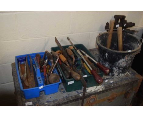 Two boxes and a bucket of assorted tools
