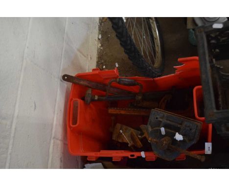 One box of various bench vices, tools etc