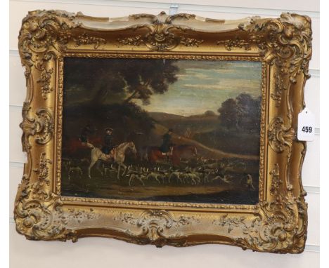 English School, oil on panel (possibly overpainted print), Hunting scene, 25 x 35cm