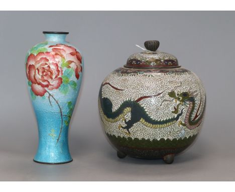 A Japanese cloisonne floral decorated vase and a dragon jar and cover tallest 18.5cm