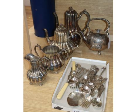 A four piece silver plated coffee set, a teapot (without stand) and a quantity of mixed plated cutlery