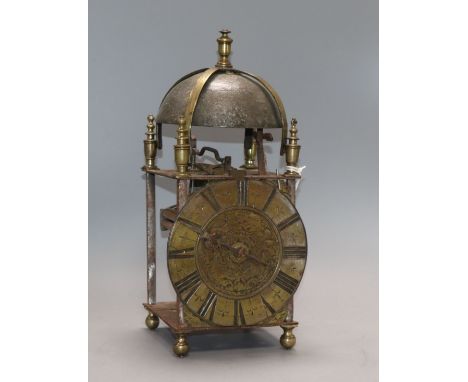 A 17th century lantern clock by Samuel Atkinson with brass Roman chapter ring (faults) height 34cm