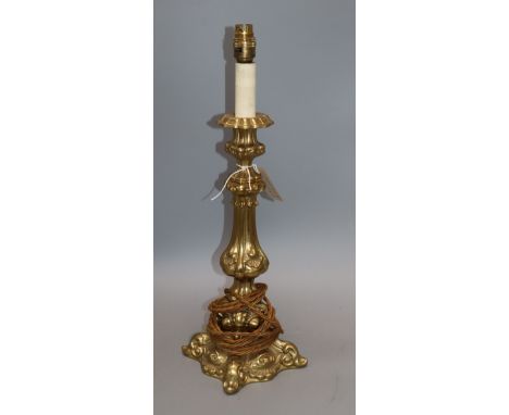 A brass column table lamp