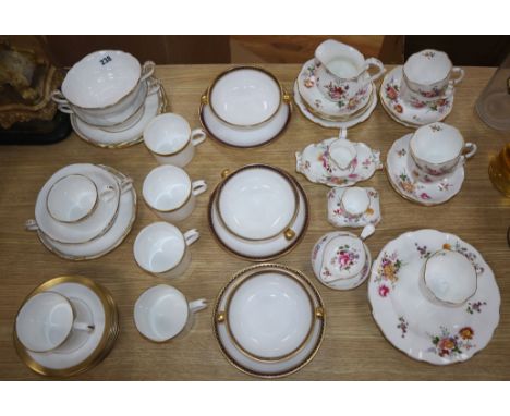 A group of Crown Derby posies, porcelain Worcester Davenham coffee cups / saucers and Spode soup bowls and saucers