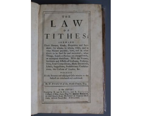 Bohun, William - The Law of Tithes, 8vo, old calf, E and R Nutt et al, London 1730