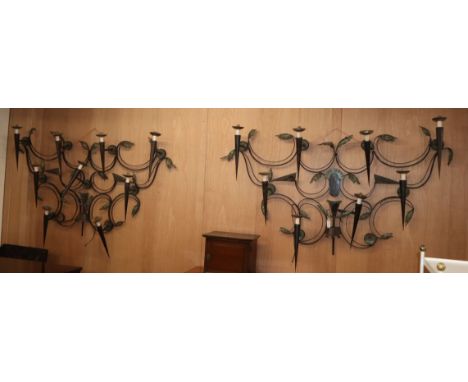 A near pair of Continental painted wrought iron wall light appliques W.198cm