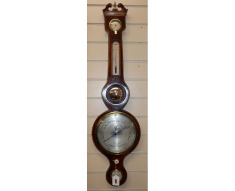 A mahogany wheel barometer by A. Martinelli, 70 Union Street, Borough, line-inlaid with ebony and boxwood and having swan-nec