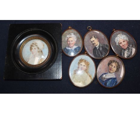 A set of five early 20th century watercolour family portrait miniatures, 6.5 x 5cm approx. and a 19th century miniature of a 